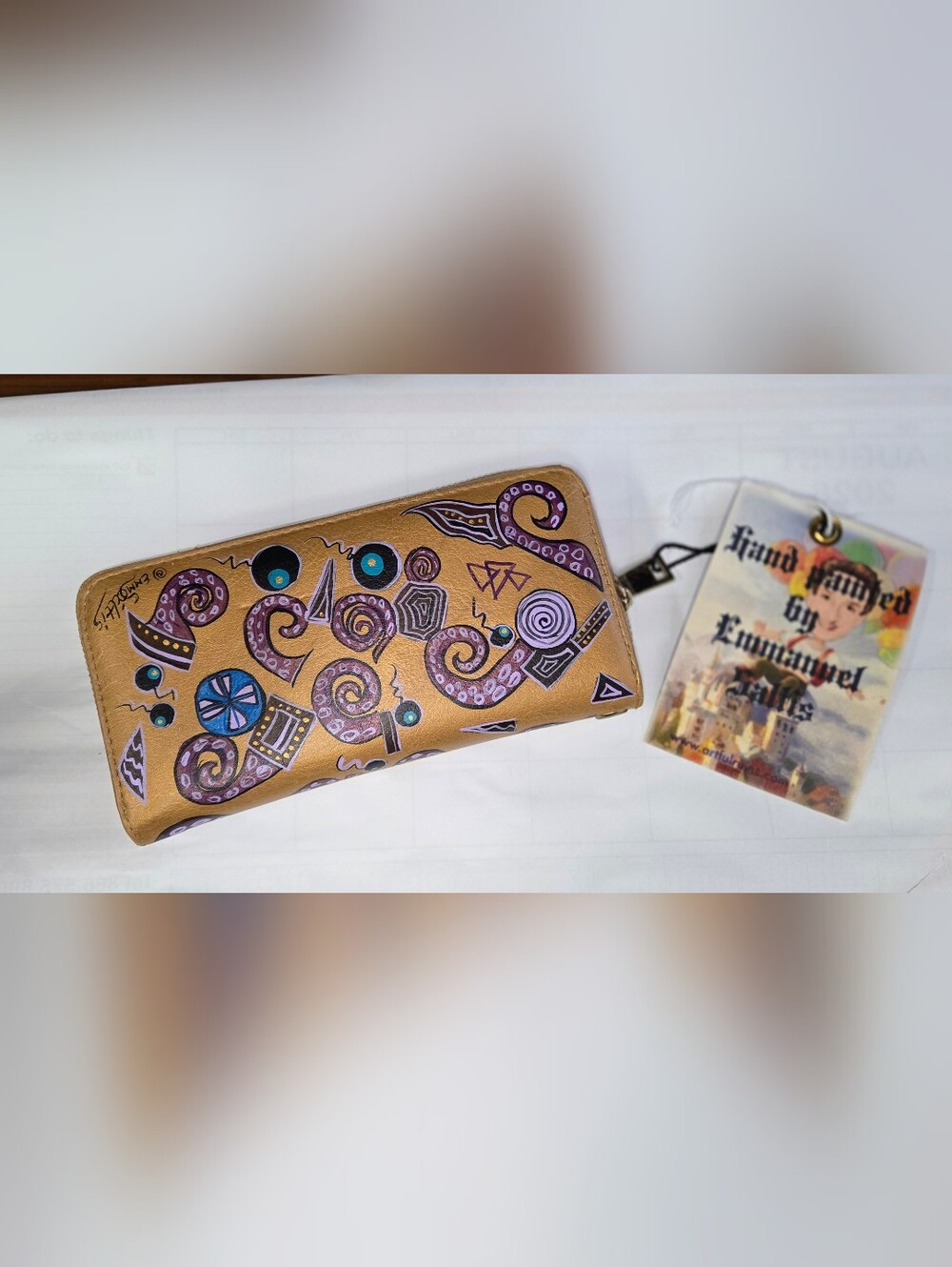 Unique Vegan Leather Hand Painted Wallet with Custom Artwork w/ Optional Strap